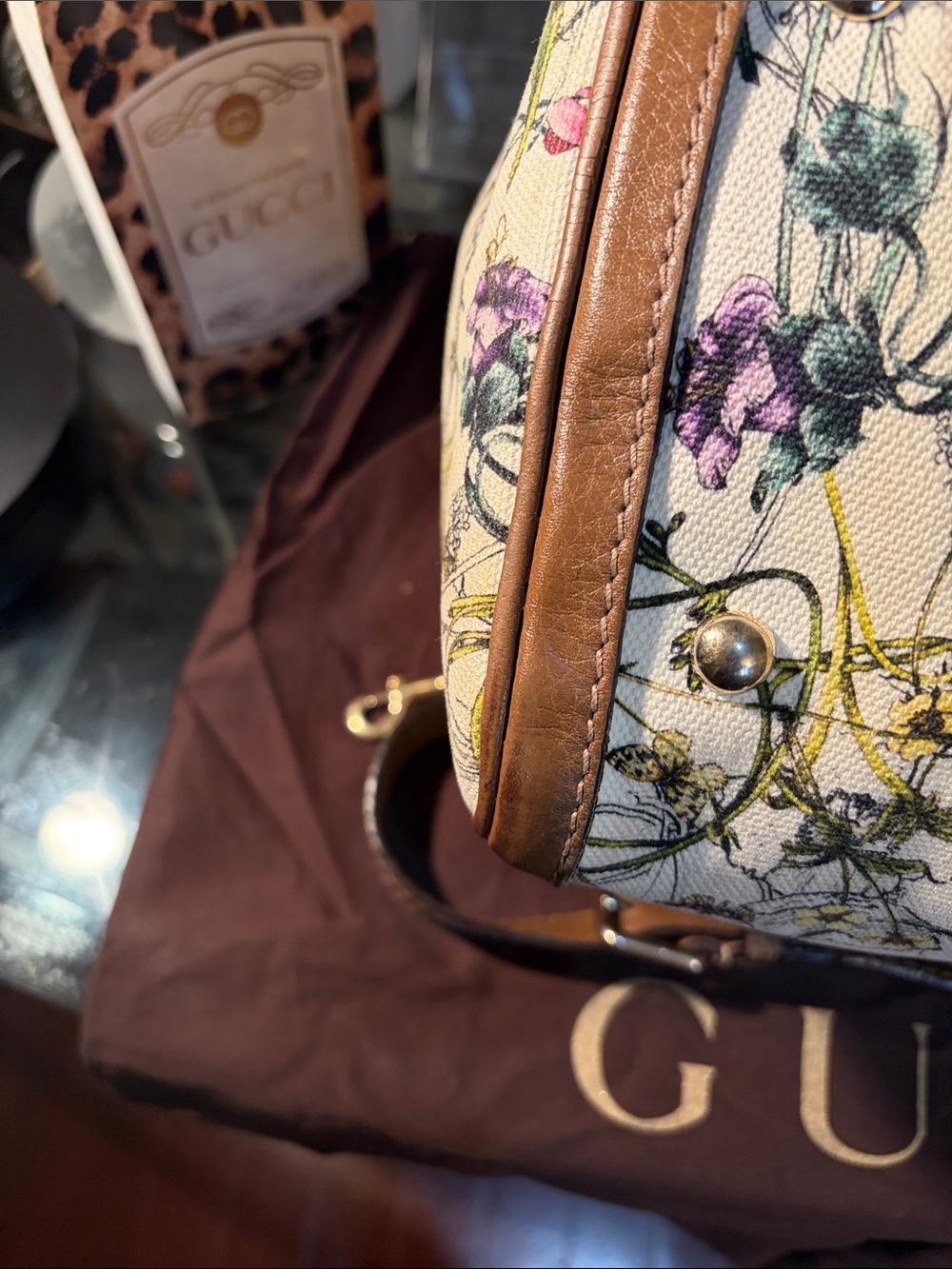 Gucci Floral Flower Leather-Trim Canvas Boston Bag - Picture 10 of 16